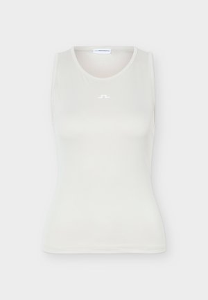 Bílý přiléhavý tílko bez rukávů s kulatým výstřihem a malým logem uprostřed pod límcem.