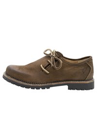 Scarpa in suede marrone con punta arrotondata, cuciture chiare a contrasto e lacci testurizzati. Suola spessa in gomma nera con motivo battistrada per una buona aderenza.