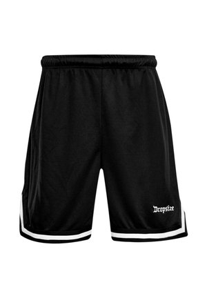Črne športne kratke hlače z elastičnim pasom, belimi stranskimi črtami in logotipom "Dropsize" na sprednjem spodnjem desnem delu noge.