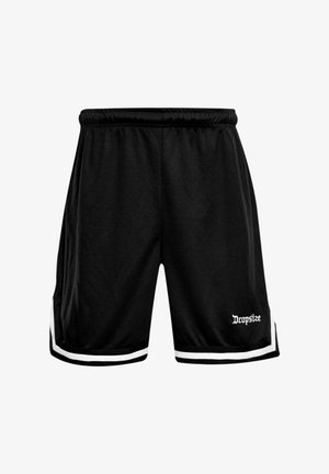 Črne športne kratke hlače z elastičnim pasom, belimi stranskimi črtami in logotipom "Dropsize" na sprednjem spodnjem desnem delu noge.