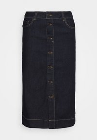 Tmavě modrá džínová sukně s předním zapínáním na knoflíky, zlatě prošívané detaily, rovný střih a délka ke kolenům. Obsahuje pět kapes.