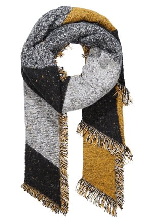 Écharpe tricotée avec des blocs de couleur diagonaux en gris, noir et jaune moutarde, avec des bords frangés aux deux extrémités.