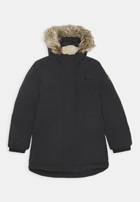 Schwarze isolierte Parkajacke mit einer mit Pelz gefütterten Kapuze, durchgehendem Reißverschluss und seitlichen Taschen. Verfügt über gerippte Bündchen und einen weichen Innenfutter.