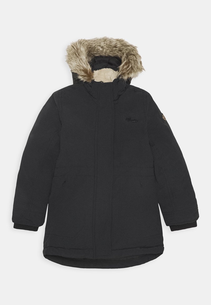 Schwarze isolierte Parkajacke mit einer mit Pelz gefütterten Kapuze, durchgehendem Reißverschluss und seitlichen Taschen. Verfügt über gerippte Bündchen und einen weichen Innenfutter.