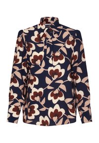 Marineblouse met lange mouwen, bloemenpatroon in bordeaux, crème en lichtroze. Voorzien van een kraag en een knoopsluiting. Zachte textuur van de stof.