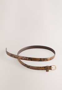 Brown snake-print belt with a shiny gold metal buckle. The strap features a textured surface and multiple holes for adjustable sizing.