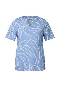 Maglietta azzurra a maniche corte con scollo a V, decorata con motivi di foglie bianche, realizzata in un tessuto morbido per comfort e traspirabilità.