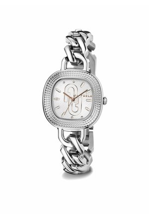 Srebrny zegarek Furla z teksturowaną kwadratową ramką, bransoletą z ogniw łańcuszka oraz białą tarczą z złotymi wskazówkami i markerami godzin.