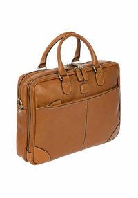 Braune Lederaktentasche mit doppelten Griffen, zwei Reißverschlussfächern, einer Vordertasche, kontrastierenden Stichen und glatter Textur.