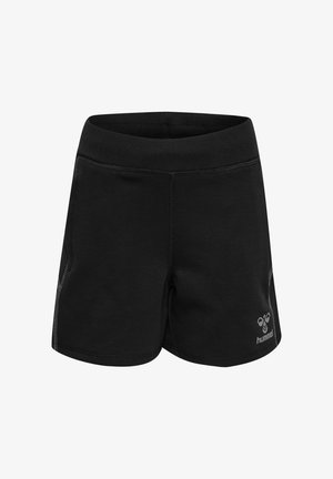 Schwarze Sportshorts mit elastischem Bund und weißem Hummel-Logo am unteren linken Bein, vor weißem Hintergrund dargestellt.