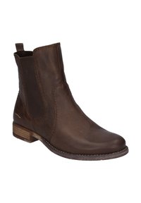 Braune Leder-Stiefelette mit elastischen Seitenpaneelen, runder Zehenform und niedrigem, gestapeltem Absatz. Verfügt über eine Nahtdetail und eine Zuglasche.