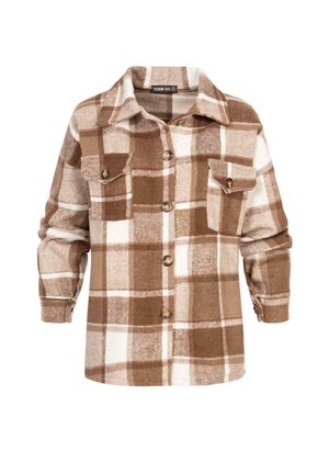 Camicia button-up a quadri marrone e bianca con due tasche sul petto, design con colletto e maniche lunghe. Tessuto morbido con un motivo a scacchi.