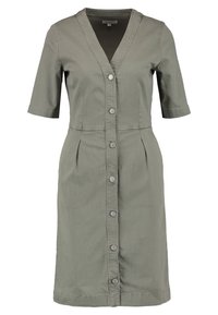 Olive green knee-length dress made of cotton. Features short sleeves, a v-neckline, front button closure, and pleated details at the waist.