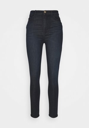 Jeans de tiro alto en azul oscuro, de corte ajustado, con cierre de botones, cinco bolsillos y un ligero estiramiento para mayor comodidad. Textura de denim suave.