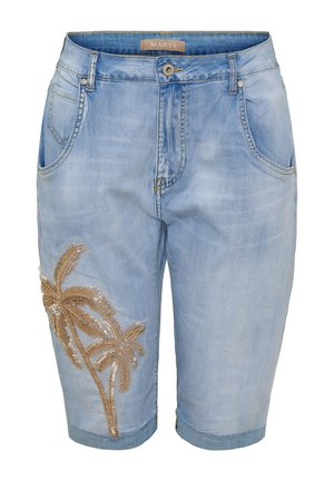 Lyseblå cowboyshorts med et broderet guldpalmedesign på venstre ben og forlommer.