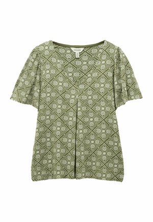 Olive green short-sleeve blouse with white geometric floral pattern and round neckline, pleat detail at front center.