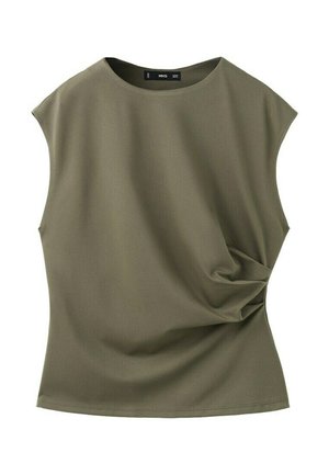 Olivovo zelený tielkový top s okrúhlym výstrihom a nariaseným detailom látky na pravej strane v páse.