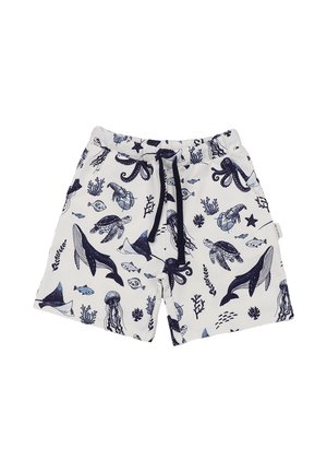 White drawstring shorts with navy blue marine life patterns including whales, turtles, octopuses, lobsters, jellyfish, fish, and seaweed.