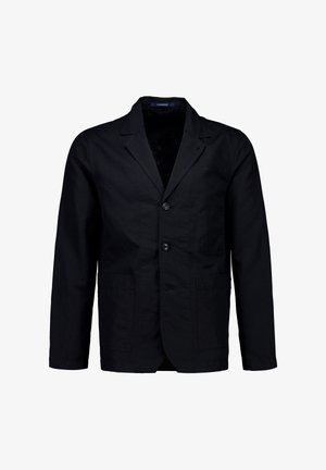 Zwarte blazer voor heren met twee knopen aan de voorkant, brede revers en twee grote opgestikte zakken, getoond tegen een witte achtergrond.