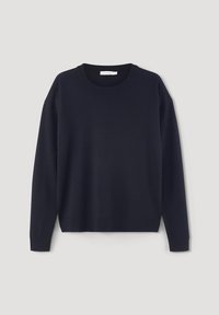 Marineblaues Rundhalsshirt mit langen Ärmeln, aus Baumwolle hergestellt, mit gerippten Bündchen und geradem Saum. Keine sichtbaren Muster oder Akzente.