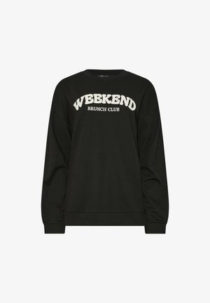 Mustapaita, jossa on pitkät hihat, pyöreä kaula-aukko ja "WEEKEND BRUNCH CLUB" -teksti valkoisella pehmeällä kankaalla edessä.