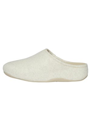 Beige wool clogs with a smooth texture and rounded toe, featuring minimal stitching and a flexible rubber sole for comfort.