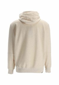Sweat à capuche beige texturé vu de dos, avec manches longues, une capuche, et des poignets et un ourlet côtelés.