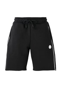Shorts de sport noirs avec taille élastique, cordon, bandes blanches sur les côtés et petit logo blanc rond sur la jambe droite.