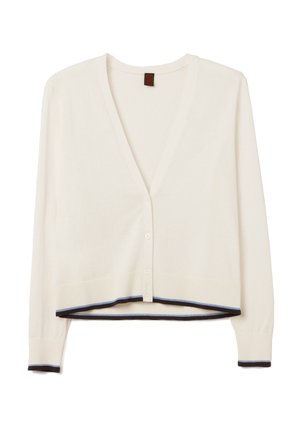 Cremfarbener Cardigan mit V-Ausschnitt, durchgehender Knopfleiste und kontrastierenden navyblauen Abschlüssen an den Ärmeln und dem Saum. Weiche Textur, leichtes Design.