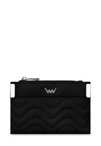 Black leather wallet with a wavy embossed design, silver-tone hardware accents, zip closure, and a front card slot.