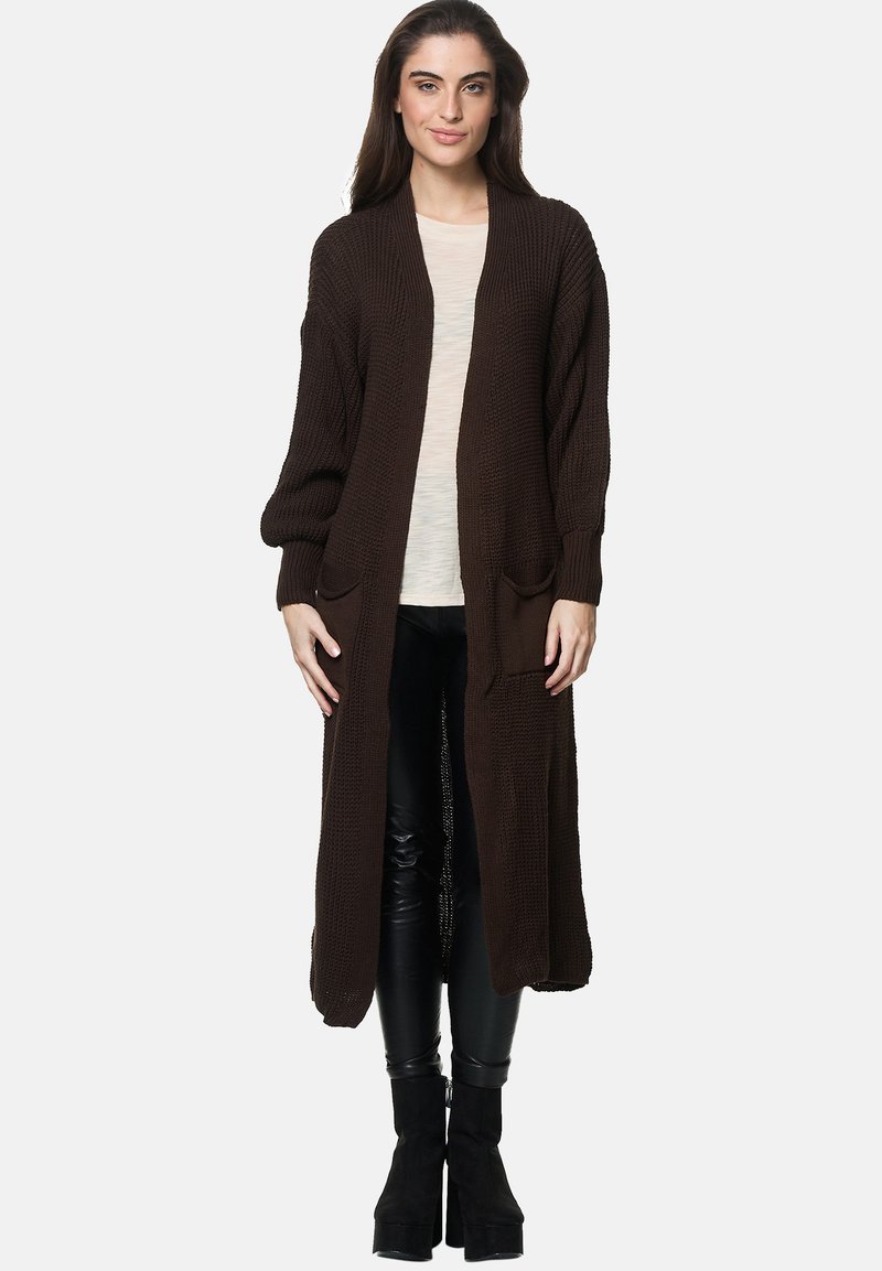 Lång, öppen cardigan i mörkbrun stickad tyg med en strukturerad design, som har två framfickor och vida ärmar.