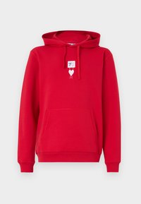 Red hoodie with a front pocket. Features a graphic of a heart on a sign. Made from a soft fabric with a drawstring hood and ribbed cuffs.