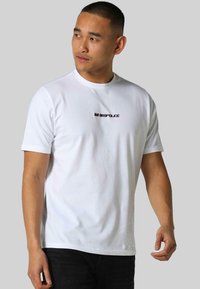 White short-sleeve t-shirt with a crew neck, featuring a small black and maroon "Police" logo on the chest, smooth fabric texture.