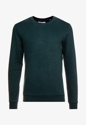 Dunkelgrünes Sweatshirt mit Rundhalsausschnitt, langen Ärmeln, gerippten Bündchen und Saum, dargestellt auf weißem Hintergrund.