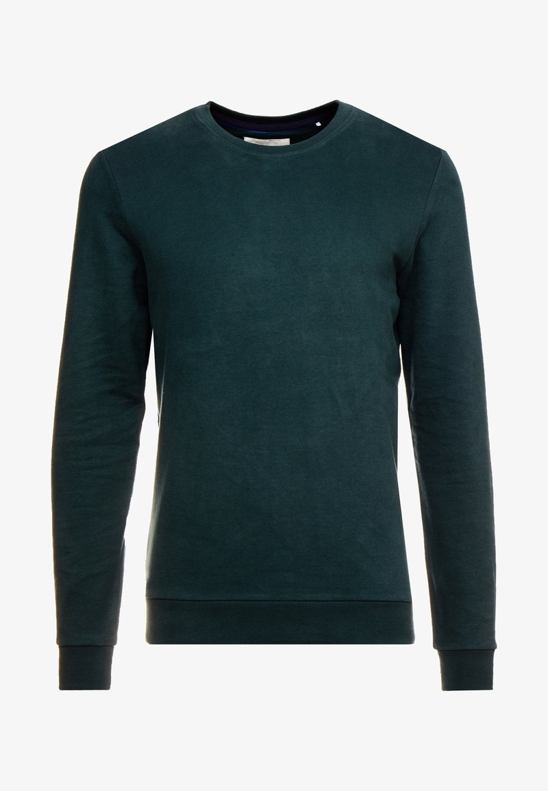 Sweat-shirt vert foncé à col rond avec manches longues, poignets et ourlet côtelés, présenté sur fond blanc.