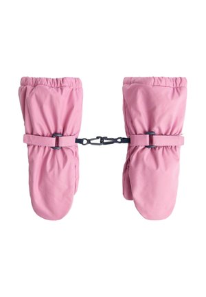 Moufles roses isolées avec des poignets élastiques et des sangles ajustables, reliées par un clip en plastique, dotées d'un extérieur lisse et résistant à l'eau.