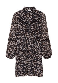 Robe léopard noire et beige, manches longues bouffantes, devant à boutons, col arrondi, avec une taille cintrée et un détail volanté sur la poitrine.
