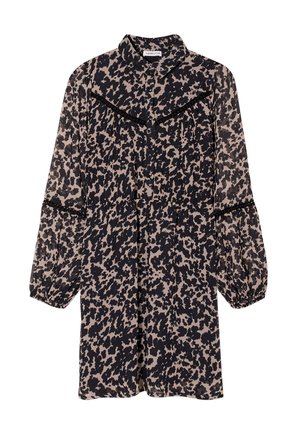 Schwarzes und beiges Leopardenmuster-Kleid, lange puffärmel, knopfverschluss, runder kragen, mit tailliertem schnitt und rüschendetail auf der brust.