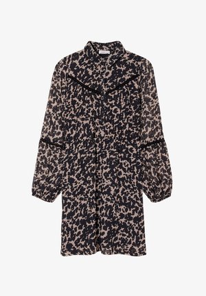 Abito leopardato nero e beige, maniche lunghe a sbuffo, chiusura anteriore con bottoni, colletto rotondo, con vita aderente e dettaglio di volant sul petto.