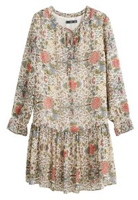 Robe à manches longues en tissu léger, présentant un motif floral en rouge, bleu, vert et crème, avec une taille froncée et un détail au niveau du col.