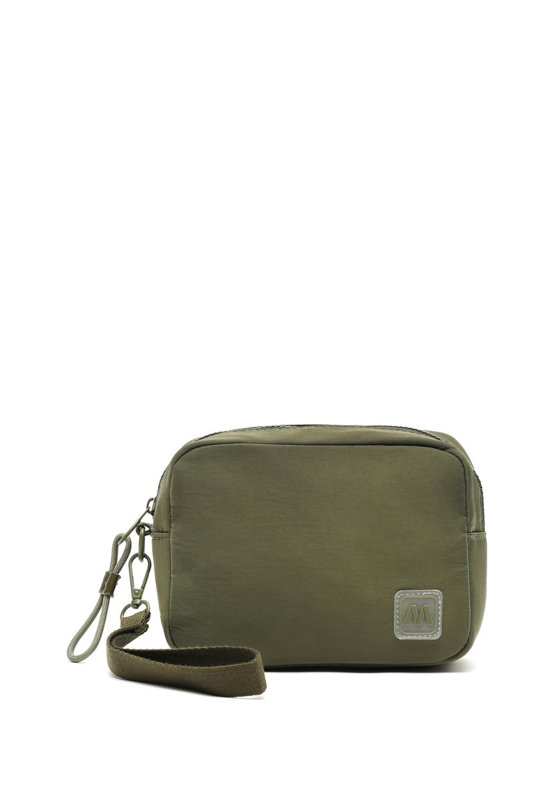 Olive green fabric pouch with a rectangular shape, zip closure, and a small strap. Features a logo patch and smooth, soft texture.
