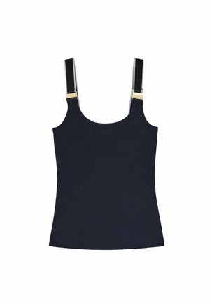 Marineblaues Tanktop mit breiten schwarz-weißen gestreiften Trägern und goldenen rechteckigen Schnallen.