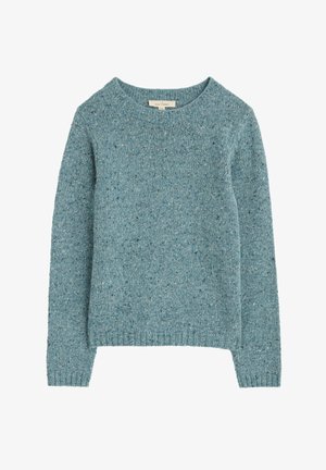 Turkusowy sweter z dzianiny, z okrągłym dekoltem, długimi rękawami i teksturowanym wzorem w ciemniejszych odcieniach. Żebrowany dół i mankiety.