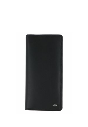 Portefeuille noir en cuir bifold avec couture minimale et petit logo métallique en bas à droite, vue fermée sur fond blanc.