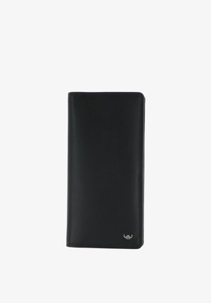 Black leather bifold wallet with minimal stitching and small metallic logo at bottom right corner, closed view on white background.