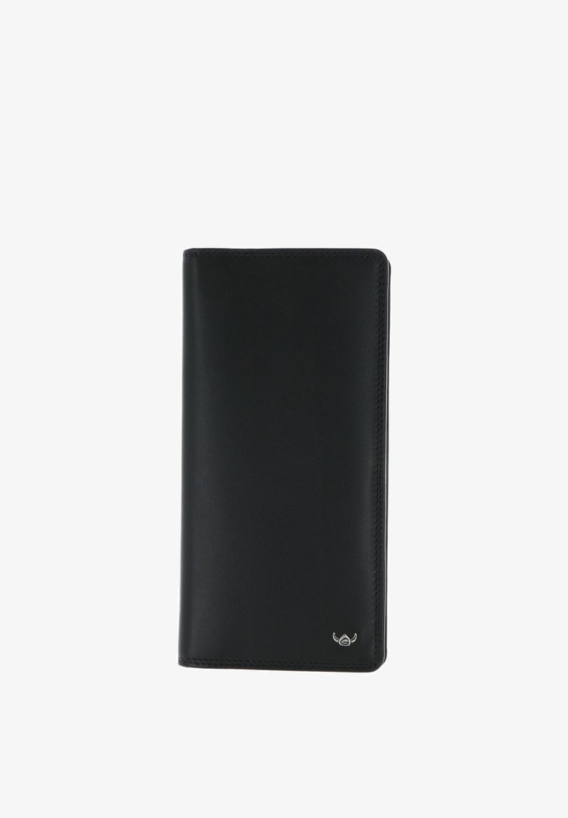 Portefeuille noir en cuir bifold avec couture minimale et petit logo métallique en bas à droite, vue fermée sur fond blanc.