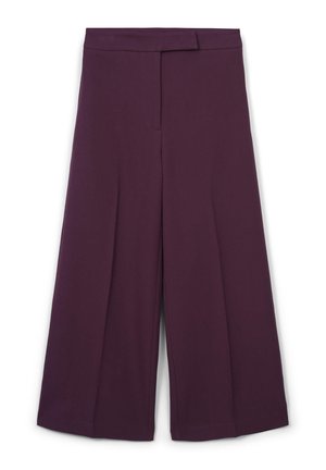 Wide-leg, high-waist purple trousers with front pleats and a concealed fastening at the waistband.