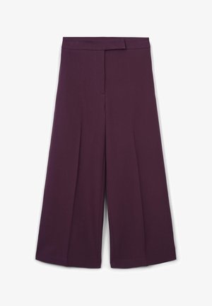 Pantalons violets à taille haute et jambes larges, avec des plis à l'avant et un système de fermeture dissimulé à la taille.