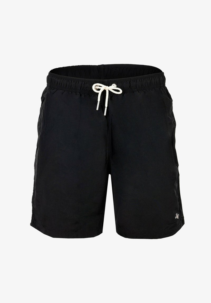 Shorts de bain pour hommes noirs avec taille élastique et cordon blanc, dotés de poches latérales et d'un petit logo sur l'ourlet inférieur.