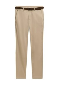 Beige dress pants made from smooth fabric, featuring a straight cut, side pockets, and a brown leather belt with metal buckle.